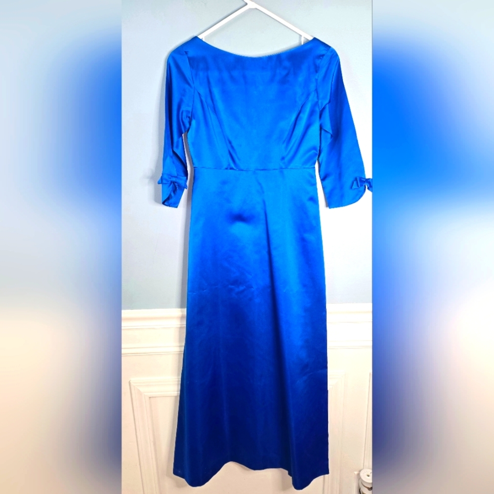 Vintage 1950s-60s Harzfelds Blue Satin Midi Party Bow Dress Size Small READ